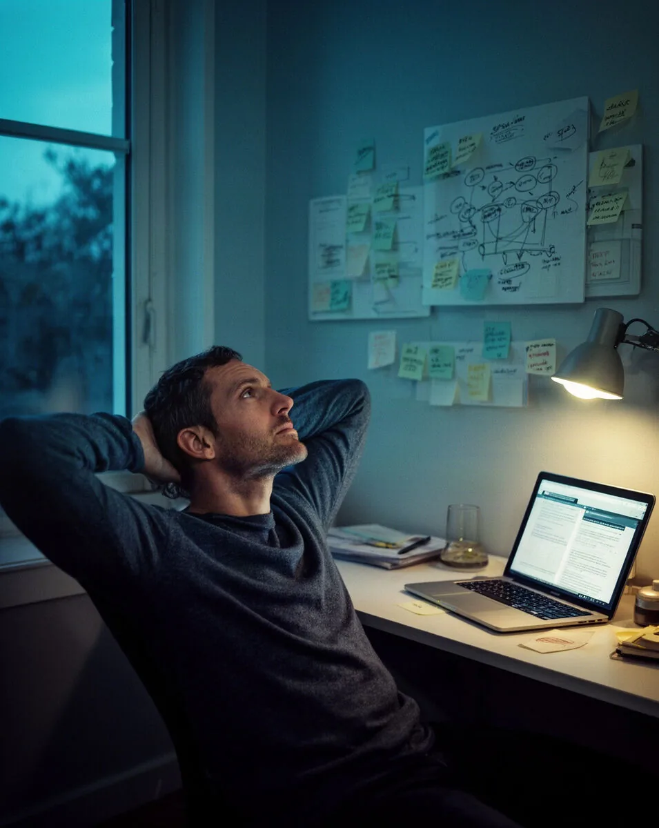 Porteur de projet travaillant le soir à son bureau