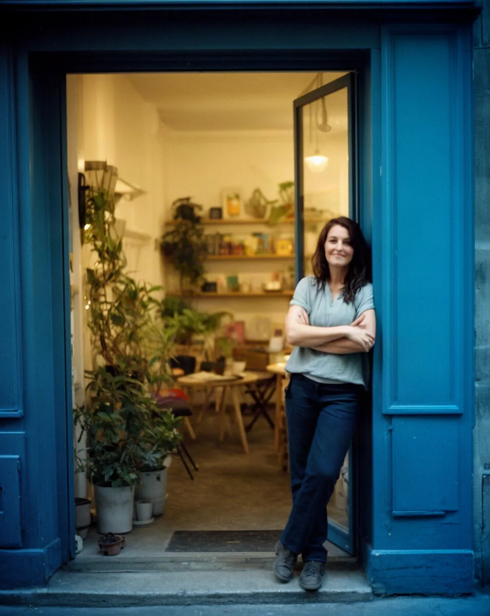 Créatrice d'entreprise devant son commerce